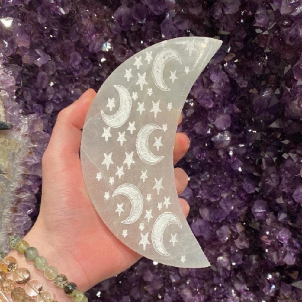 Selenite Moon Etched Charging Plate, Home Decor, Office Art, Boho Decorations